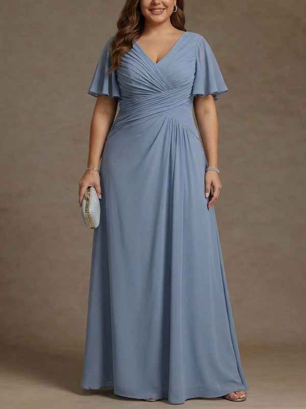 A-Line/Princess V-Neck Chiffon Plus Size Mother of the Bride Dresses Floor-Length Ruched Short Sleeves