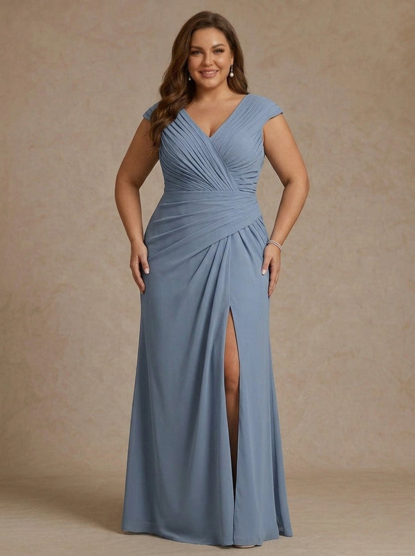 Sheath/Column V-Neck Chiffon Plus Size Mother of the Bride Dresses with Spilt Side Floor-Length Ruched Sleeveless