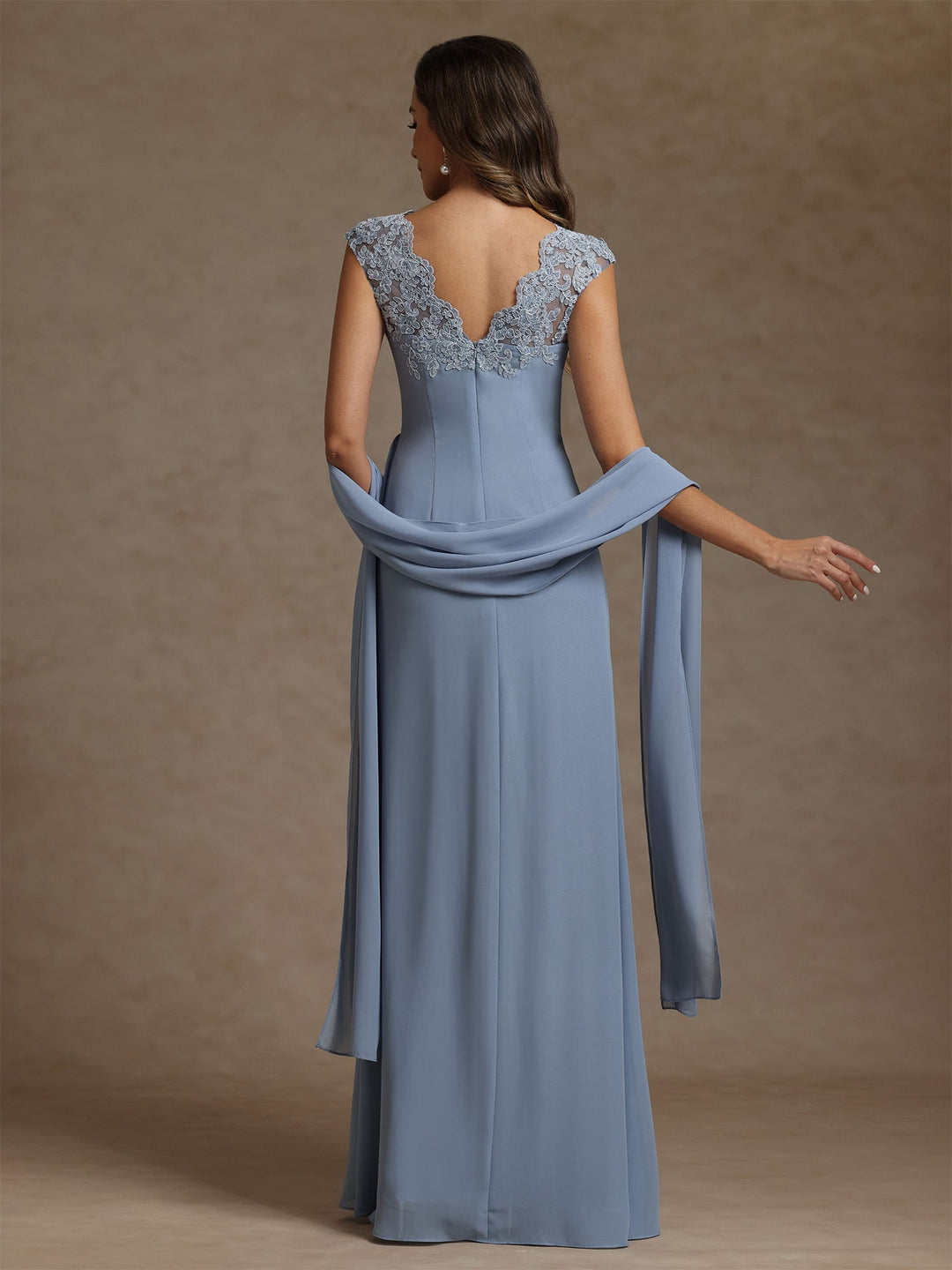 Sheath/Column V-Neck Chiffon Mother of the Bride Dresses with Wrap Floor-Length Lace Ruched Ruffles Sleeveless