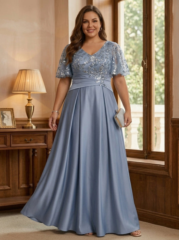 A-Line/Princess V-Neck Acetate Satin Plus Size Mother of the Bride Dresses Sequins Floor-Length Short Sleeves Ruched