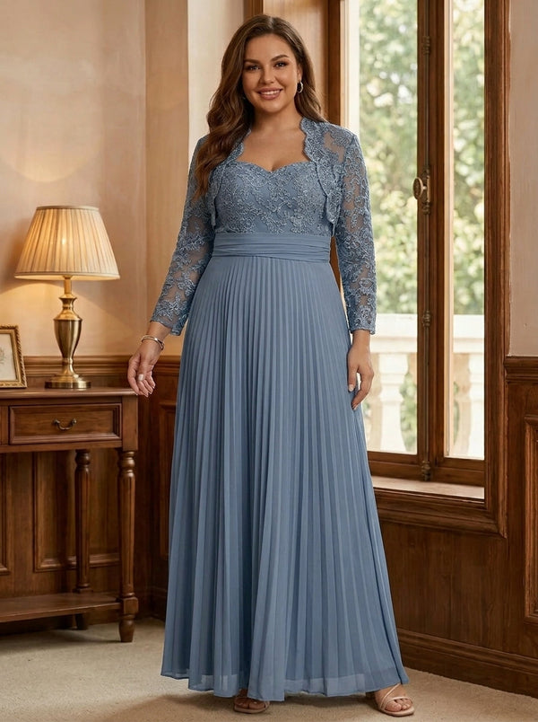 Sheath/Column Sweetheart Chiffon Plus Size Mother of the Bride Dresses with Jacket Floor-Length Lace Pleated Long Sleeves
