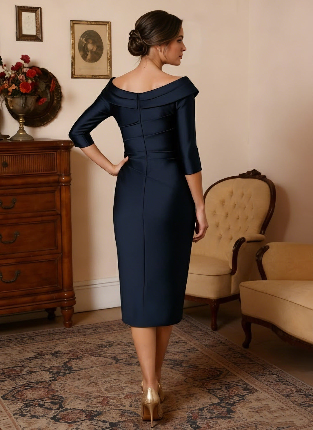 Sheath/Column V-Neck Satin Mother of the Bride Dresses 3/4 Sleeves Knee-Length Pleated