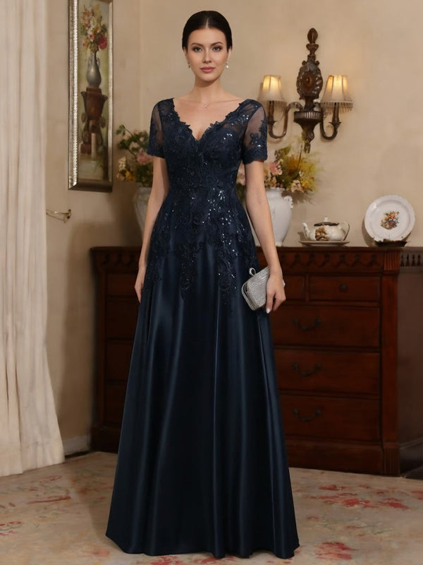 A-Line/Princess V-Neck Satin Mother of the Bride Dresses Short Sleeves Floor-Length Lace Sequins