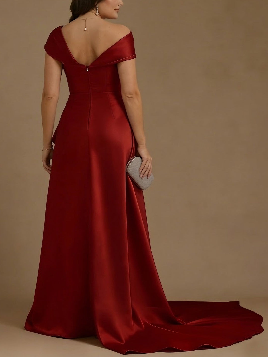 Sheath/Column Off-the-Shoulder Satin Plus Size Mother of the Bride Dresses with Split Side Sequins Sleeveless Floor-Length Ruched