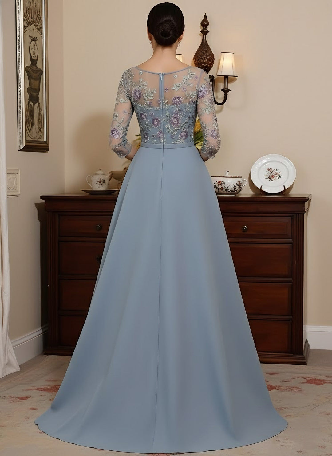 A-Line/Princess Scoop Satin Mother of the Bride Dresses Lace Floral Floor-Length 3/4 Sleeves