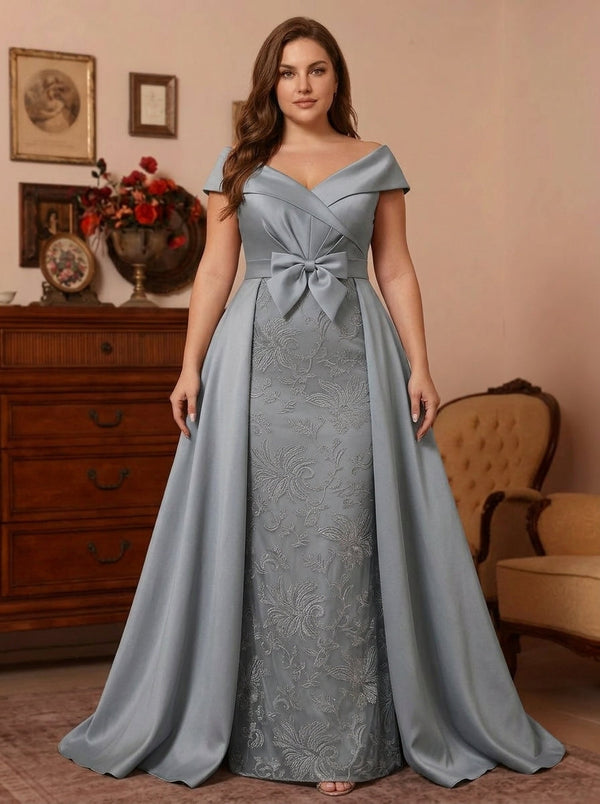Sheath/Column Off-the-Shoulder Satin Plus Size Mother of the Bride Dresses with Overskirt Sleeveless Floor-Length Lace Bowknot