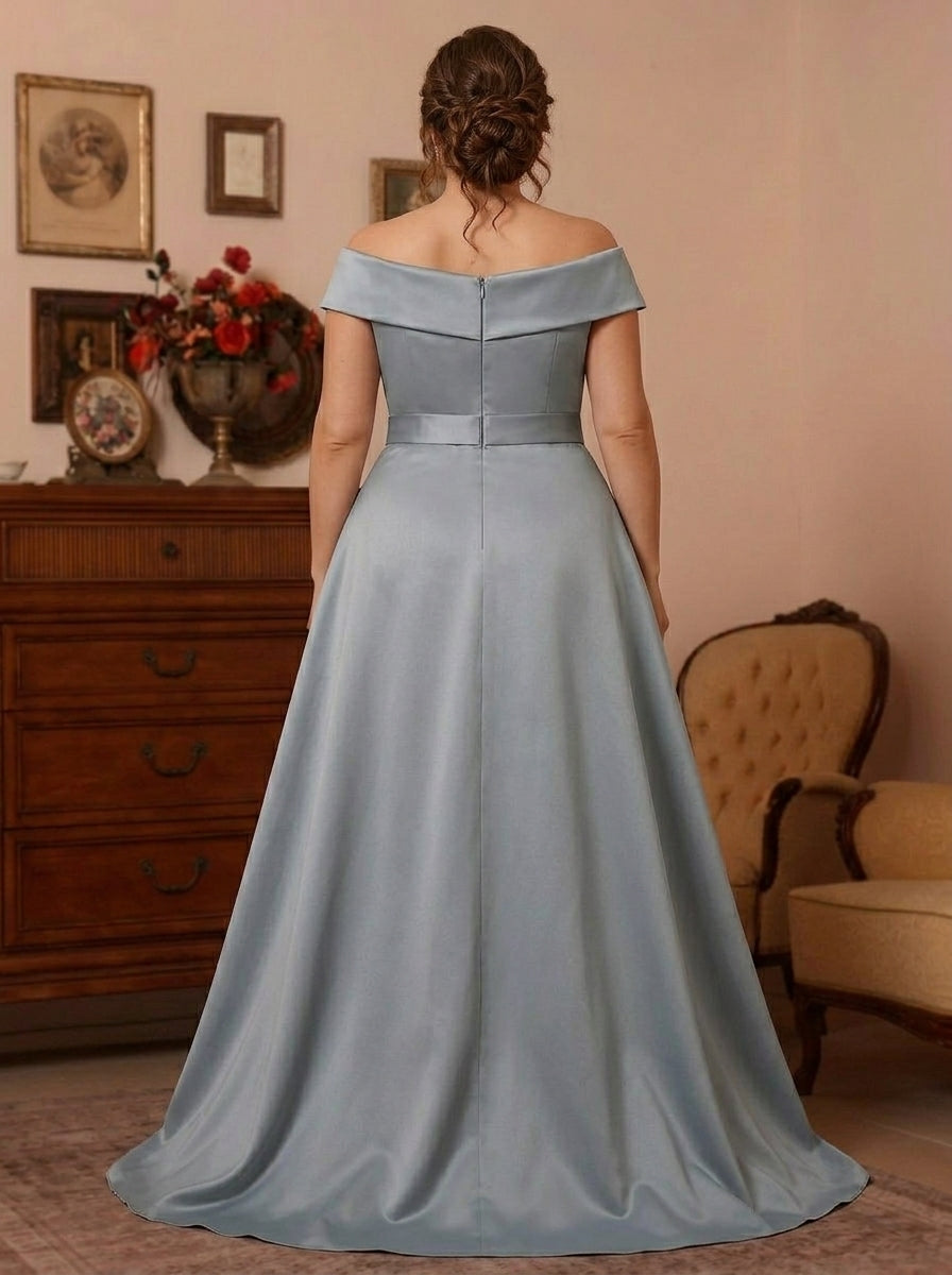 Sheath/Column Off-the-Shoulder Satin Plus Size Mother of the Bride Dresses with Overskirt Sleeveless Floor-Length Lace Bowknot