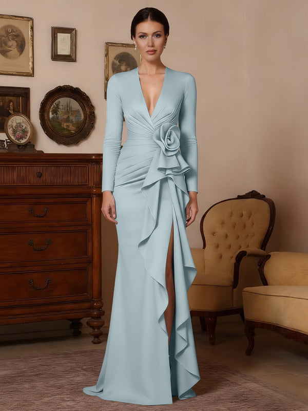 Trumpet/Mermaid V-Neck Stretch Satin Mother of the Bride Dresses with Split Side Floor-Length Long Sleeves Sash 3D Flower Ruched