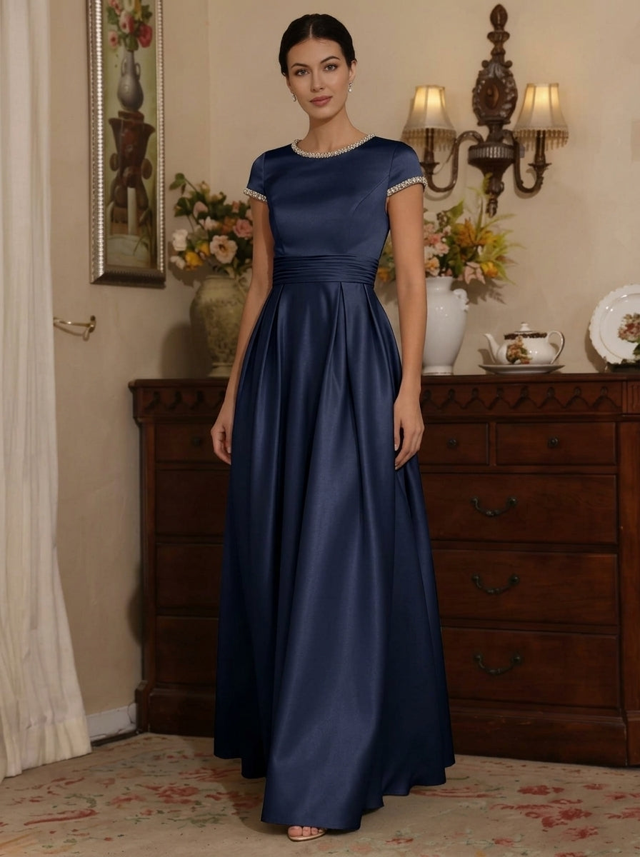 A-Line/Princess Silk Satin Jewel Neck Mother ofthe Bride Dresses Floor Length Short Sleeves Rhinestone