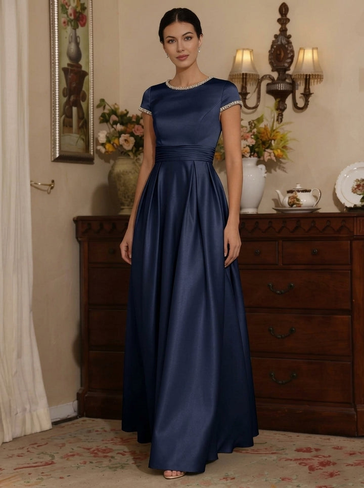 A-Line/Princess Silk Satin Jewel Neck Mother ofthe Bride Dresses Floor Length Short Sleeves Rhinestone