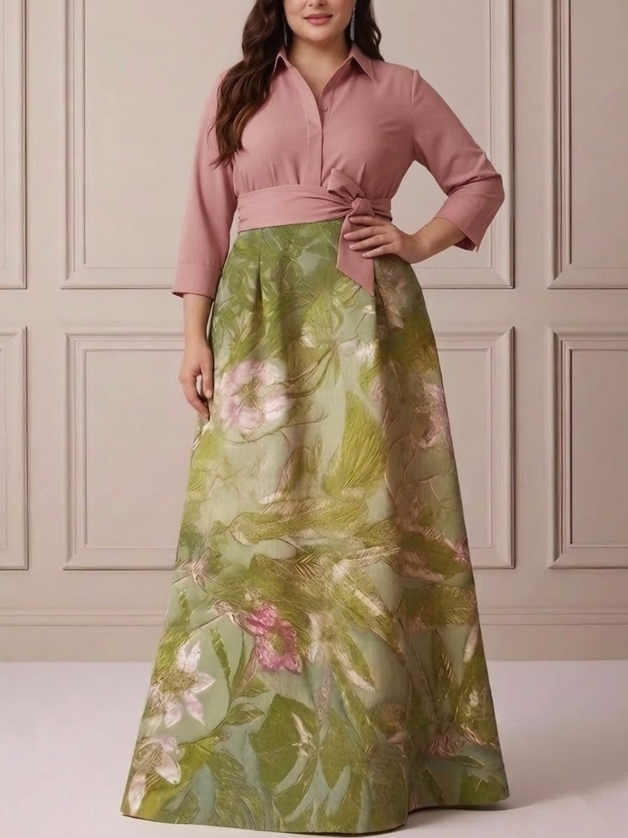 A-Line/Princess Shirt Collar Satin Plus Size Mother of the Bride Dresses 3/4 Sleeves Floor-Length Floral Bowknot