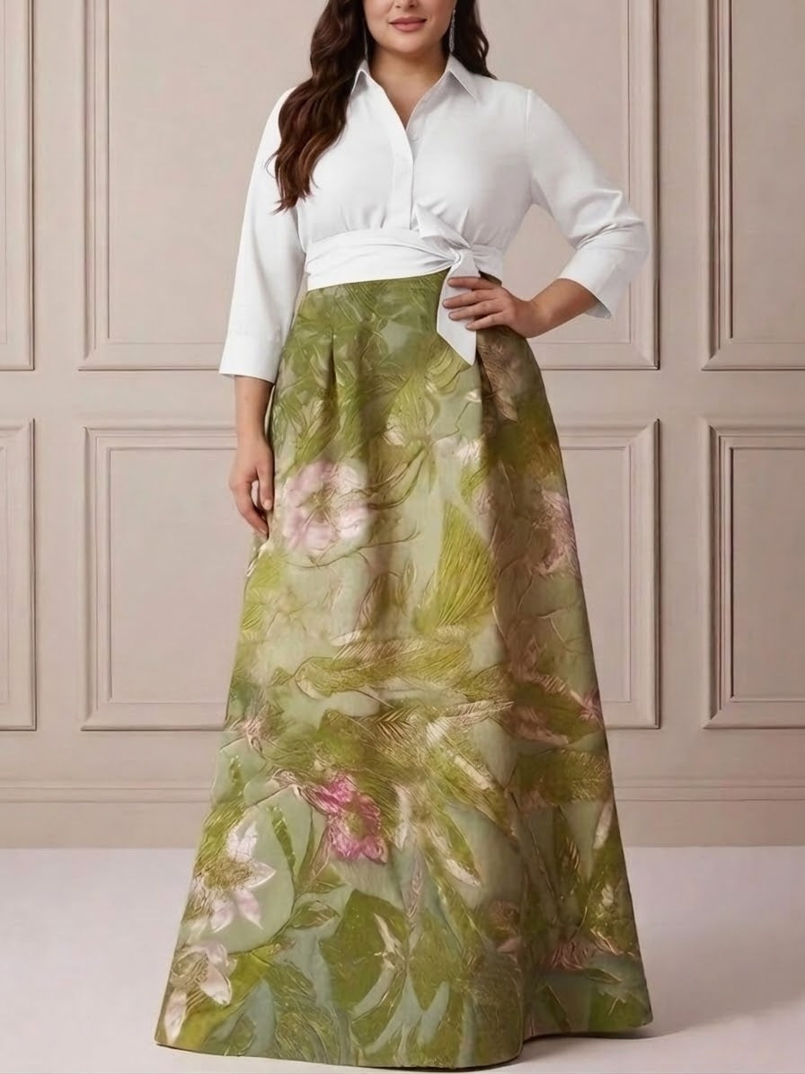 A-Line/Princess Shirt Collar Satin Plus Size Mother of the Bride Dresses 3/4 Sleeves Floor-Length Floral Bowknot