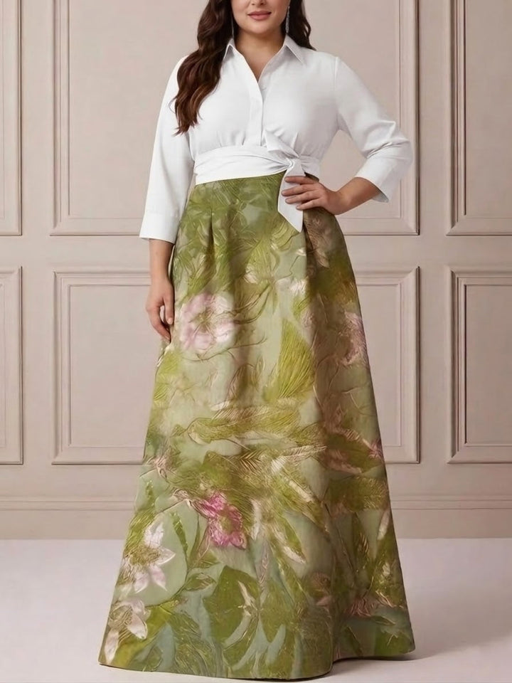 A-Line/Princess Shirt Collar Satin Plus Size Mother of the Bride Dresses 3/4 Sleeves Floor-Length Floral Bowknot