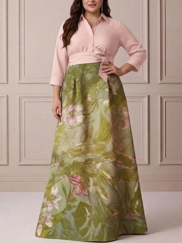 A-Line/Princess Shirt Collar Satin Plus Size Mother of the Bride Dresses 3/4 Sleeves Floor-Length Floral Bowknot