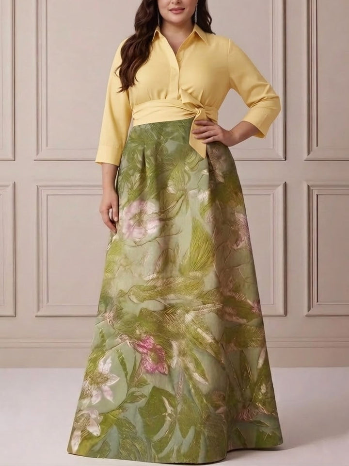 A-Line/Princess Shirt Collar Satin Plus Size Mother of the Bride Dresses 3/4 Sleeves Floor-Length Floral Bowknot
