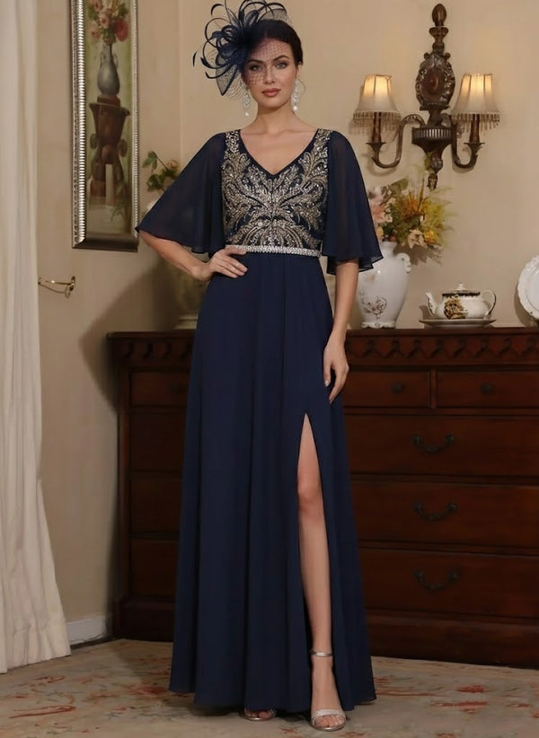 Sheath/Column V-Neck Chiffon Mother of the Bride Dresses with Split Side Floor-Length Sequins Short Sleeves