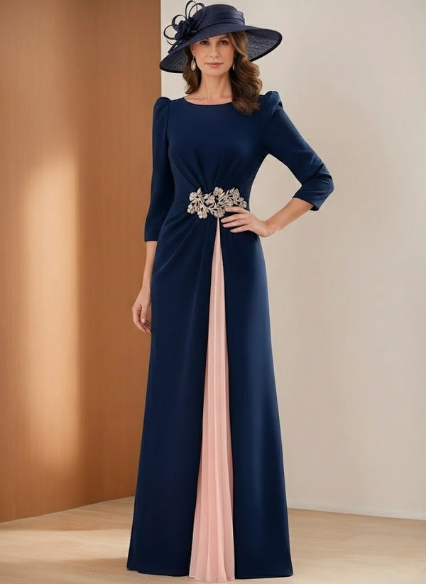 A-Line/Princess Scoop Stretch Satin Mother of the Bride Dresses 3/4 Sleeves Floor-Length Pleated