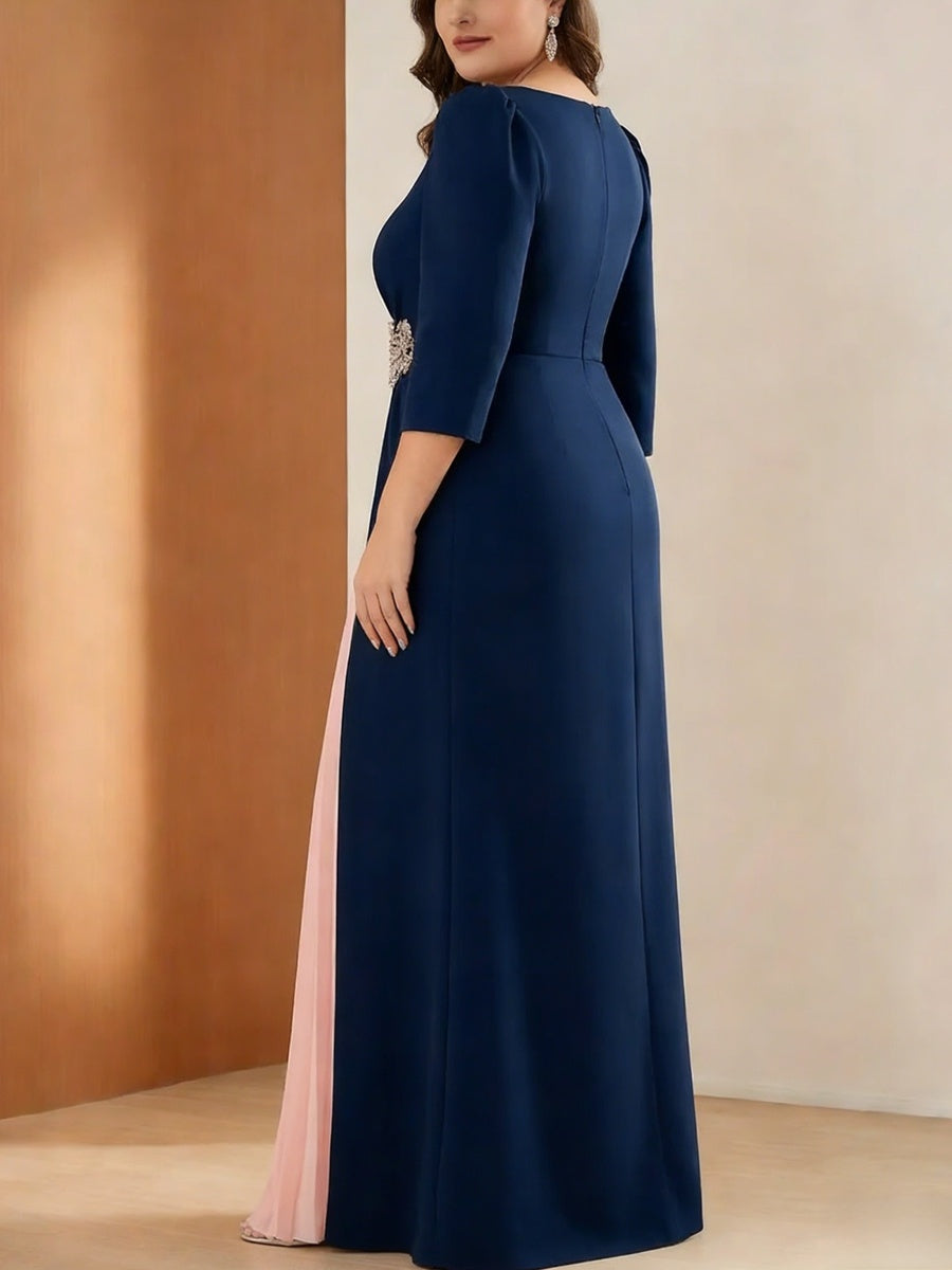 A-Line/Princess Scoop Stretch Satin Plus Size Mother of the Bride Dresses 3/4 Sleeves Floor-Length Pleated