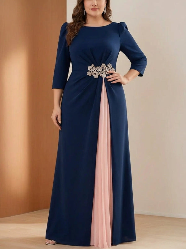 A-Line/Princess Scoop Stretch Satin Plus Size Mother of the Bride Dresses 3/4 Sleeves Floor-Length Pleated