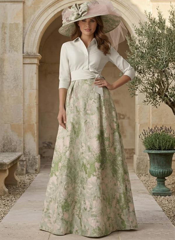 A-Line/Princess Shirt Collar Mother of the Bride Dresses Satin 3/4 Sleeves Floor-Length Floral Bowknot