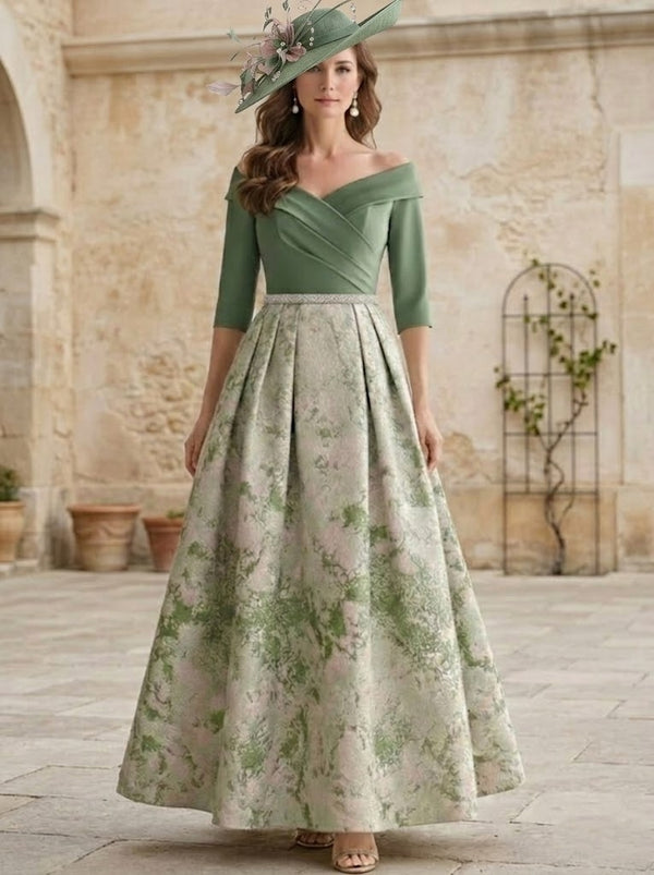 A-Line/Princess Off-the-Shoulder Mother of the Bride Dresses Satin 3/4 Sleeves Ankle-Length Floral Sash