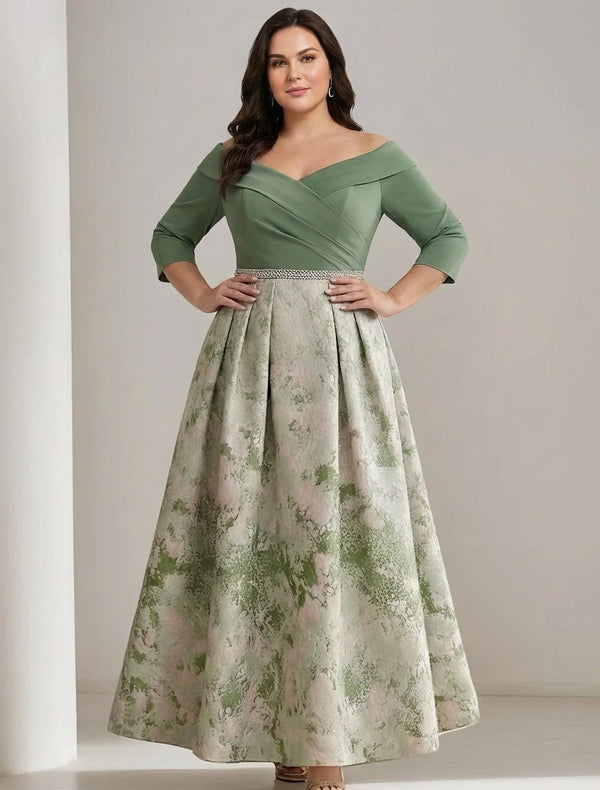 A-Line/Princess Off-the-Shoulder Plus Size Mother of the Bride Dresses Satin 3/4 Sleeves Ankle-Length Floral Sash