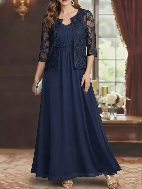 2 Piece A-Line/Princess V-Neck Chiffon Mother of the Bride Dresses with Jacket Lace Ankle-Length Long Sleeves
