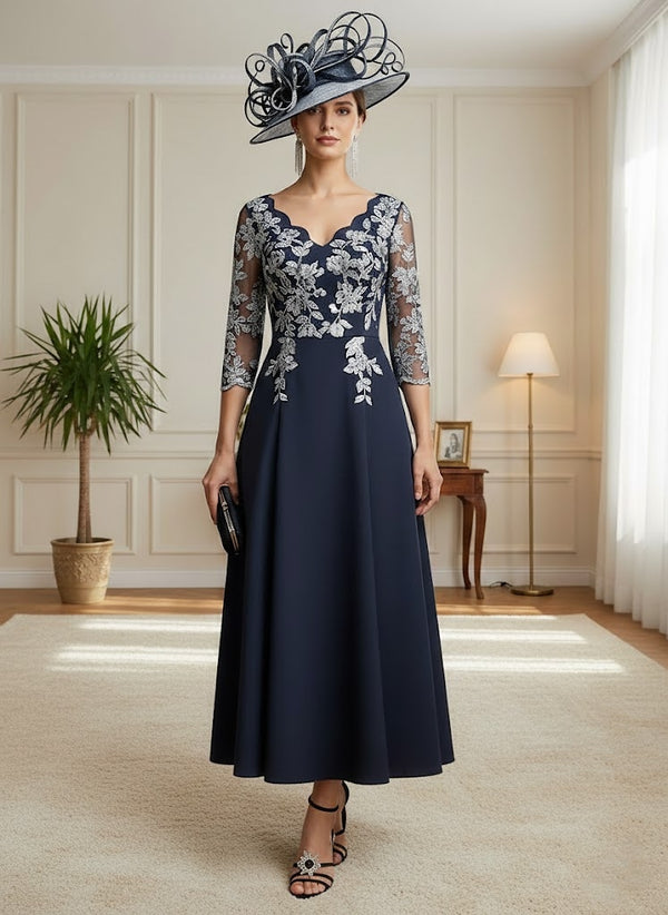A-Line/Princess V-Neck Stretch Satin Mother of the Bride Dresses Lace Tea-Length 3/4 Sleeves