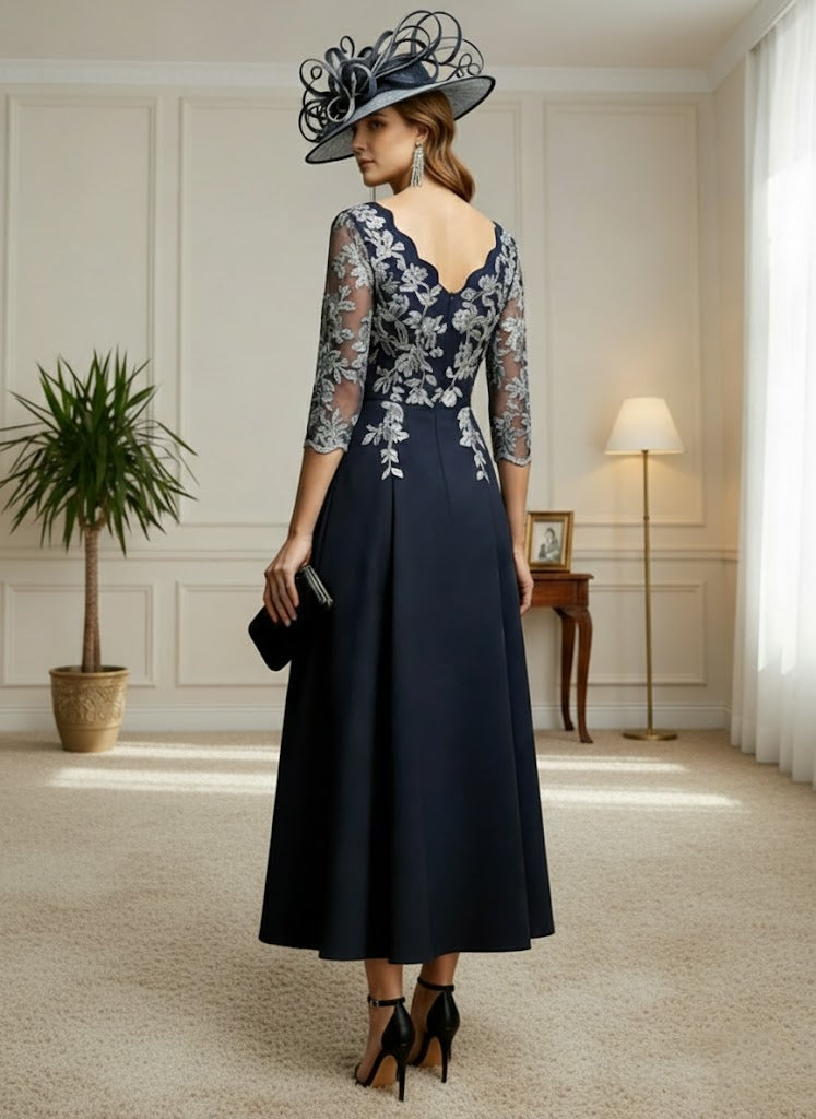 A-Line/Princess V-Neck Stretch Satin Mother of the Bride Dresses Lace Tea-Length 3/4 Sleeves