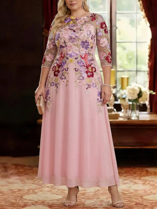A-Line/Princess Scoop Chiffon Plus Size Mother of the Bride Dresses Lace Floral Half Sleeves Ankle-Length