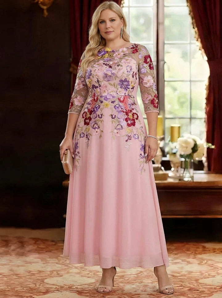 A-Line/Princess Scoop Chiffon Plus Size Mother of the Bride Dresses Lace Floral Half Sleeves Ankle-Length
