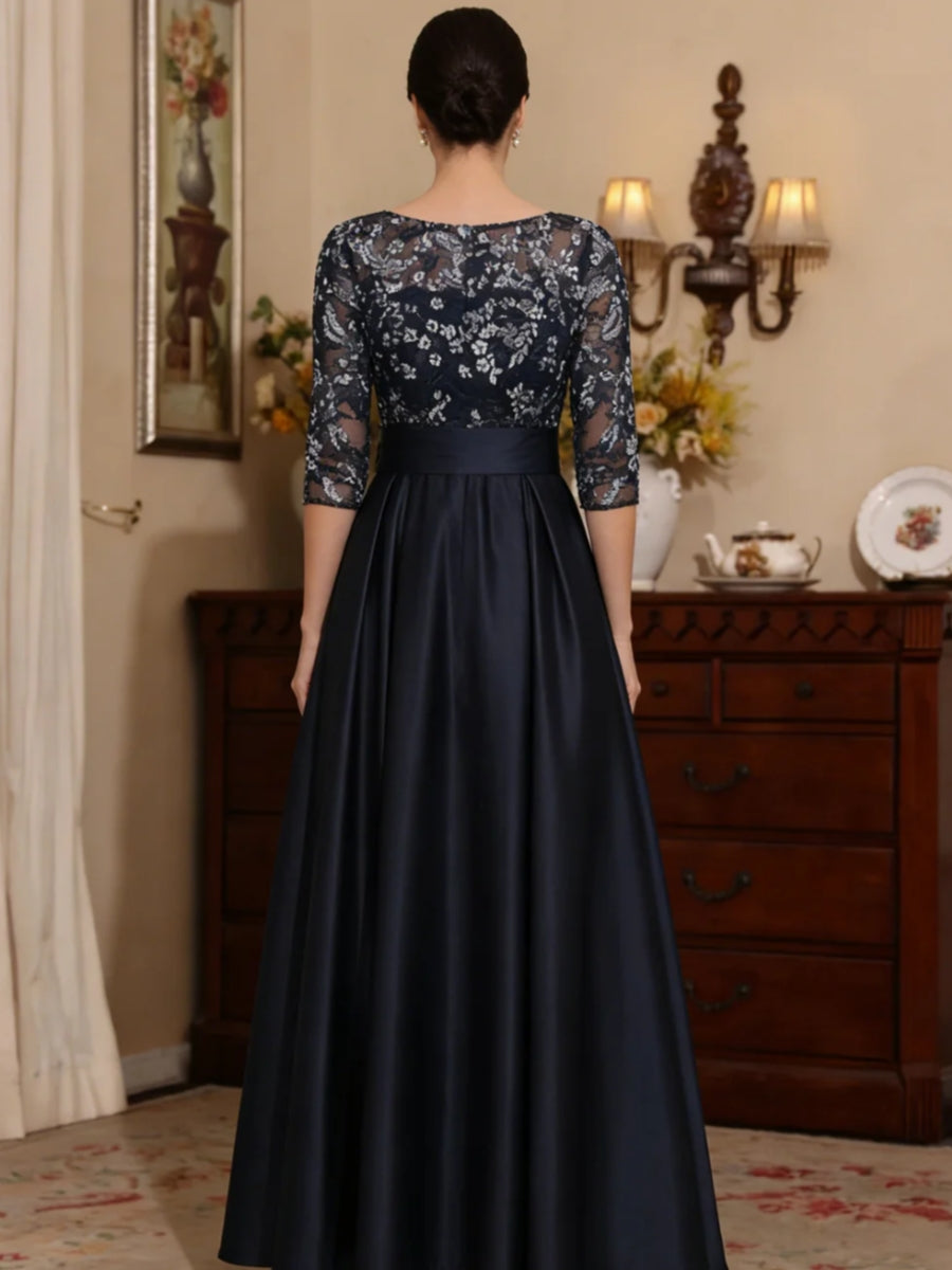 A-Line/Princess Scoop Satin Mother of the Bride Dresses Lace 3/4 Sleeves Ankle-Length Bowknot
