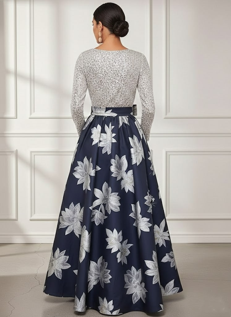 A-Line/Princess V-Neck Printed Satin Mother of the Bride Dresses Sequins Long Sleeves Floral Floor-Length Bowknot