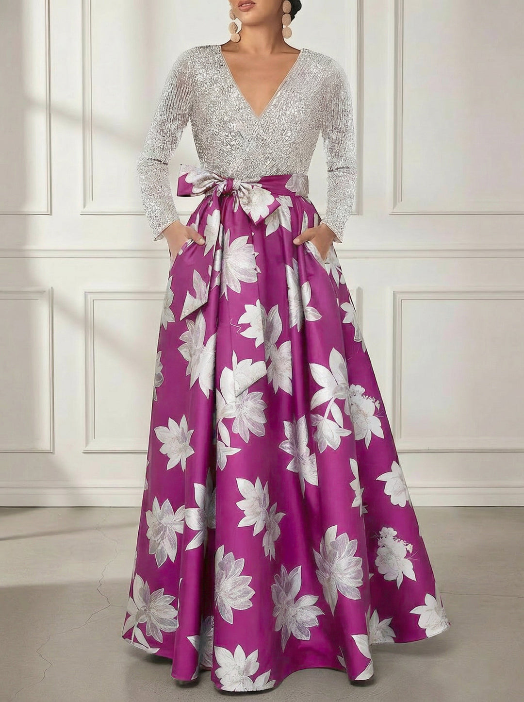 A-Line/Princess V-Neck Printed Satin Mother of the Bride Dresses Sequins Long Sleeves Floral Floor-Length Bowknot