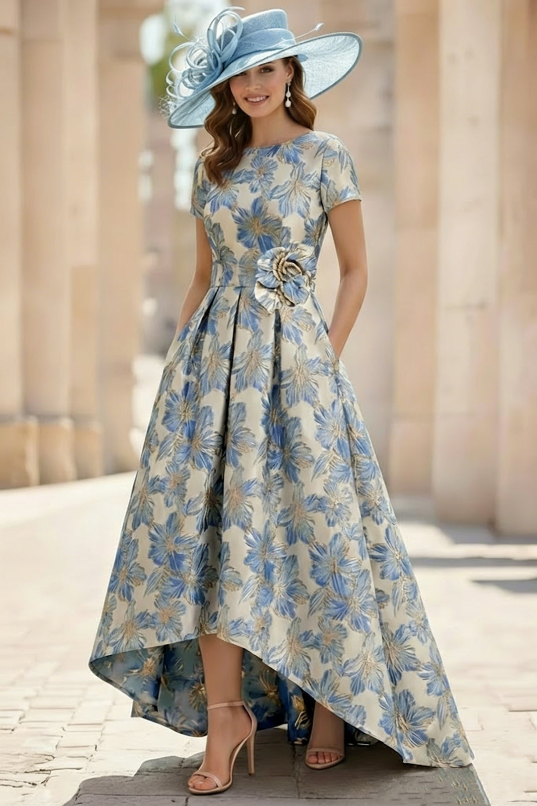 A-Line/Princess Scoop Printed Satin Mother of the Bride Dresses Short Sleeves Floral Asymmetrical Ankle-Length 3D Flower Pocket