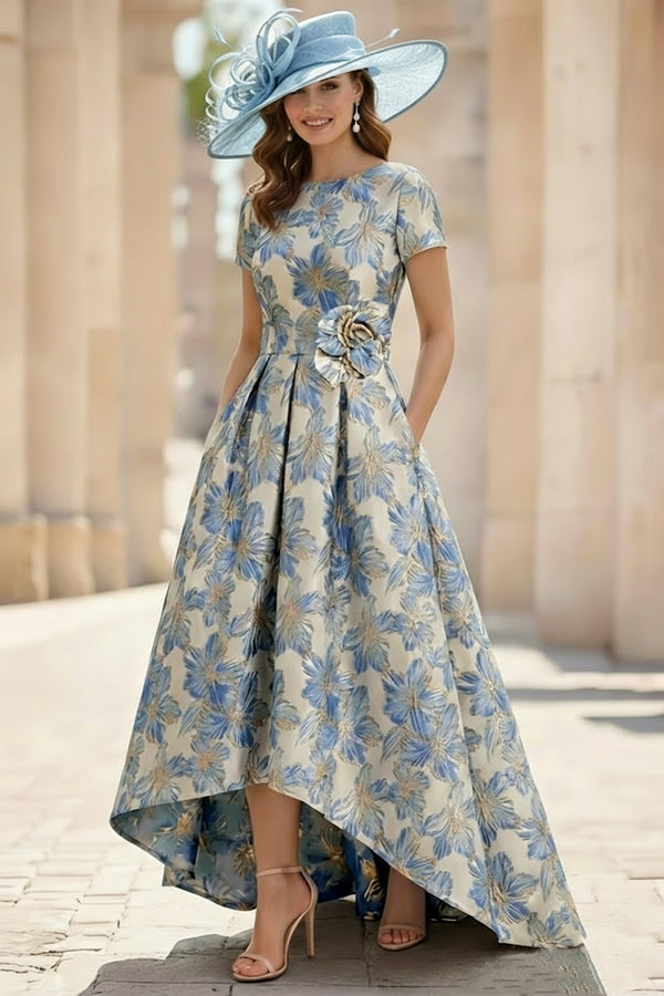 A-Line/Princess Scoop Printed Satin Mother of the Bride Dresses Short Sleeves Floral Asymmetrical Ankle-Length 3D Flower Pocket
