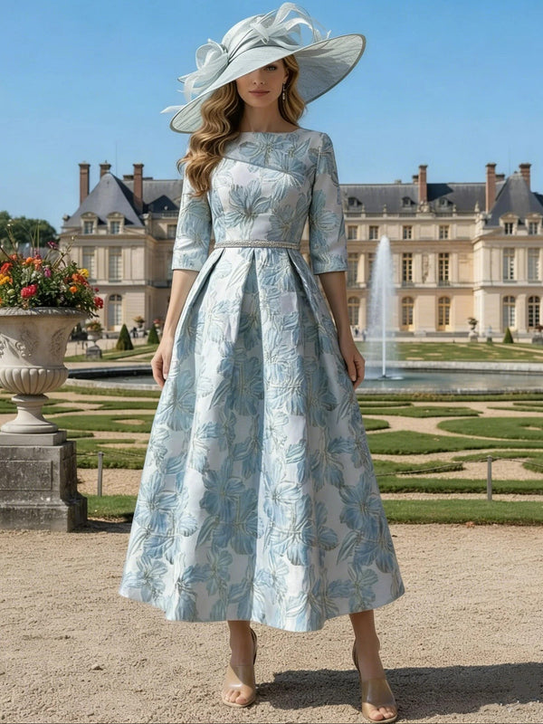 A-Line/Princess Scoop Printed Satin Mother of the Bride Dresses Half Sleeves Floral Tea-Length Sash