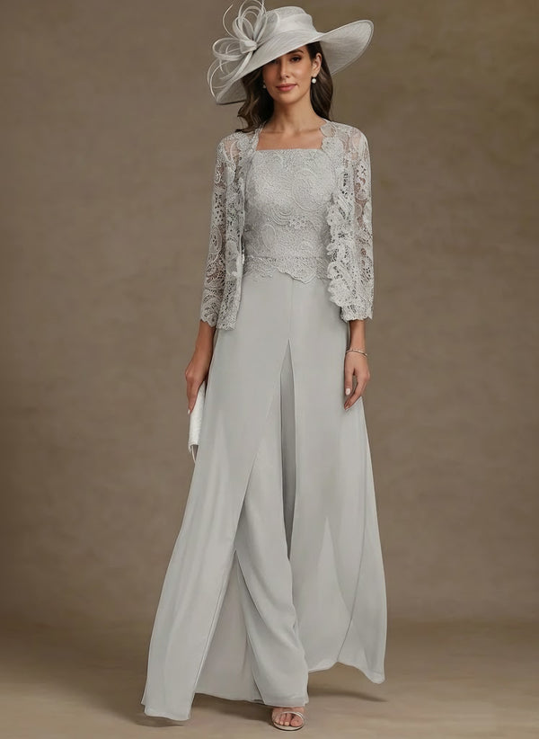 3 Pieces Square Collar Chiffon Mother of the Bride Pantsuits with Jacket Lace Ankle-Length with Overskirt Long Sleeves