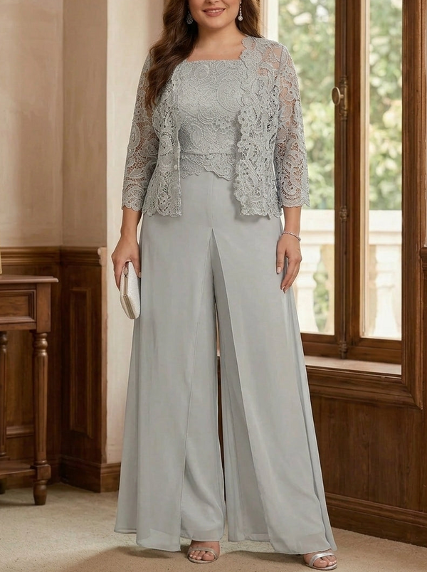 3 Pieces Square Collar Chiffon Plus Size Mother of the Bride Pantsuits with Jacket Lace Ankle-Length with Overskirt 3/4 Sleeves