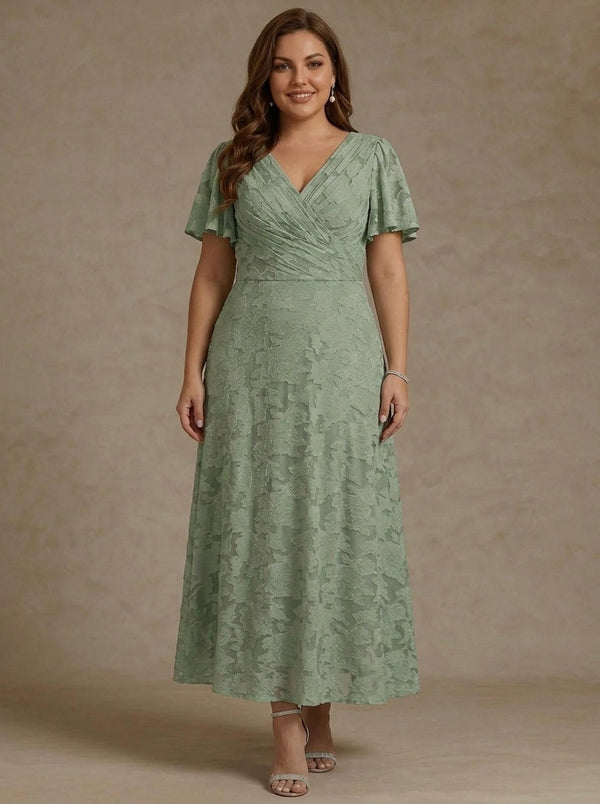 A-Line/Princess V-Neck Floral Burnout Plus Size Mother of the Bride Dresses Short Sleeves Ankle-Length Ruched