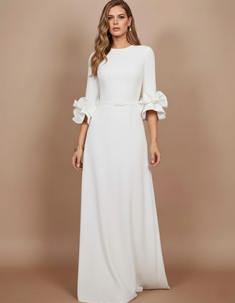 A-Line/Princess Scoop Stretch Satin Mother of the Bride Dresses Floor-Length 3/4 Sleeves Ruffles