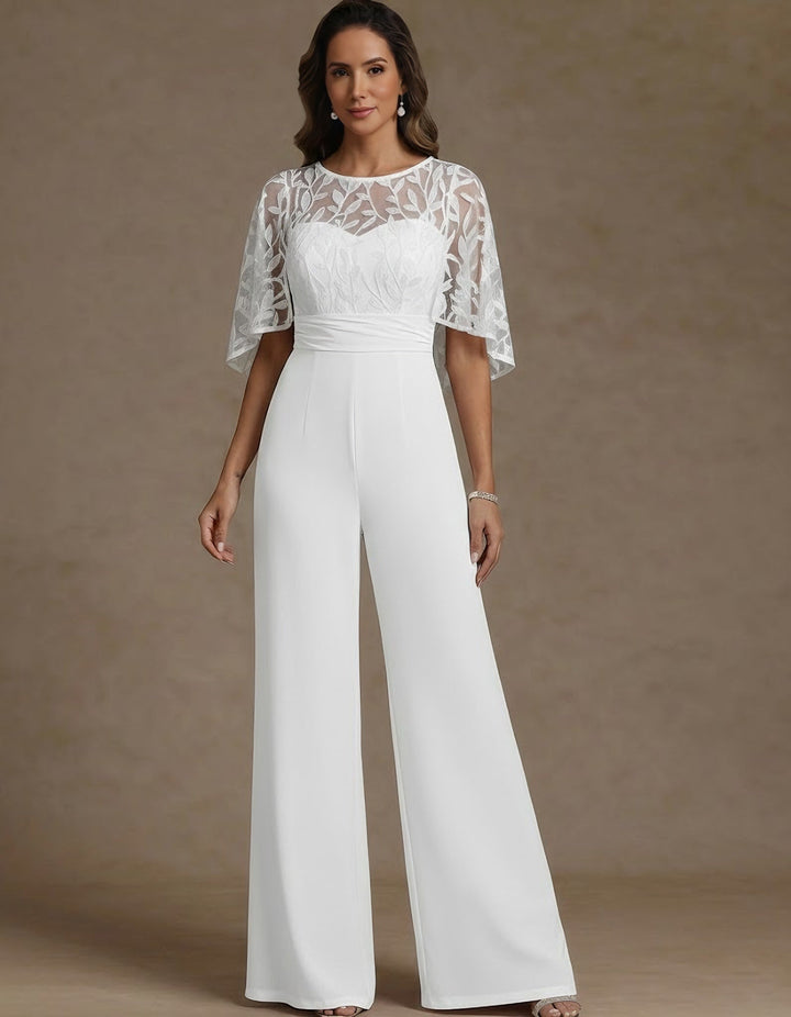 Chiffon Mother of the Bride Jumpsuits Scoop Lace Floor-Length Cape Sleeves