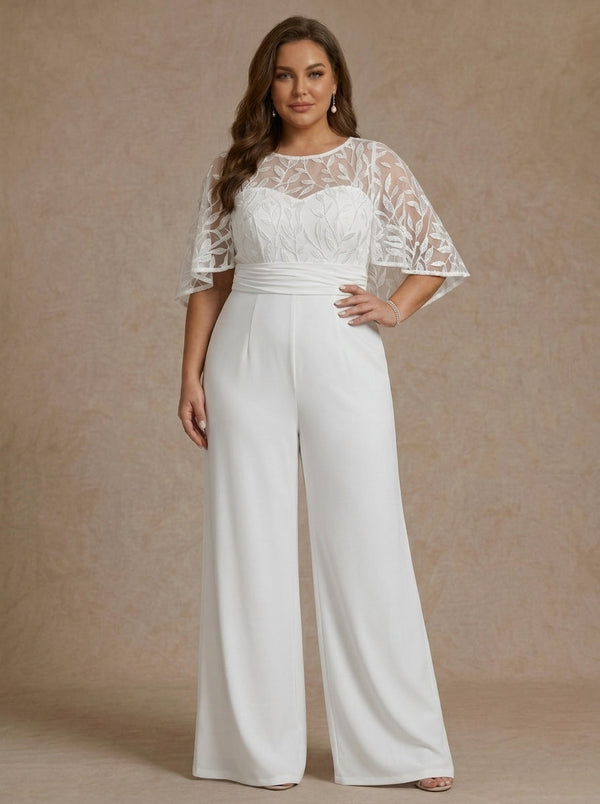 Chiffon Plus Size Mother of the Bride Jumpsuits Scoop Lace Floor-Length Cape Sleeves