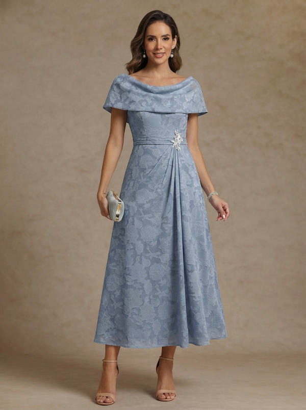 A-Line/Princess Off-the-Shoulder Chiffon Mother of the Bride Dresses Lace Ankle-Length Short Sleeves