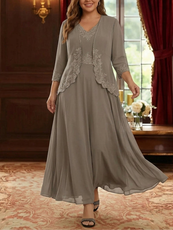 2 Pieces A-Line/Princess V-Neck Chiffon Plus Size Mother of the Bride Dresses with Jacket Lace Ankle-Length 3/4 Sleeves