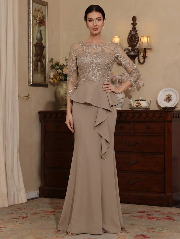 Trumpet/Mermaid Scoop Chiffon Mother of the Bride Dresses Lace Floor-Length 3/4 Sleeves Ruffles