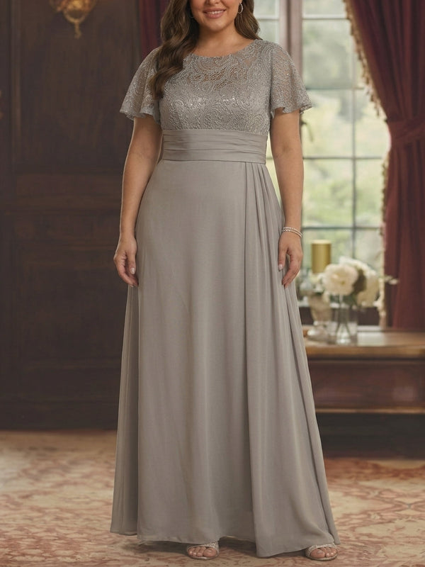 Sheath/Column Scoop Stretch Satin Plus Size Mother of the Bride Dresses with Watteau Train Lace Floor-Length Short Sleeves