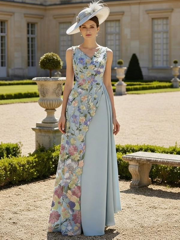 A-Line/Princess V-Neck Stretch Satin Mother of the Bride Dresses Floral Lace Floor-Length Sleeveless Ruffles