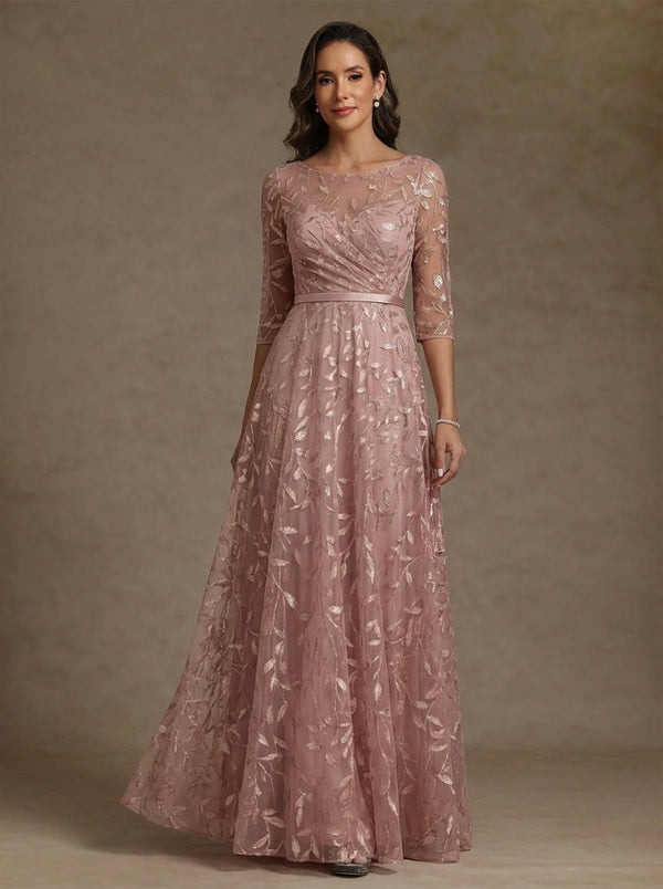 A-Line/Princess Scoop Lace Mother of the Bride Dresses Floor-Length Half Sleeves Pleated