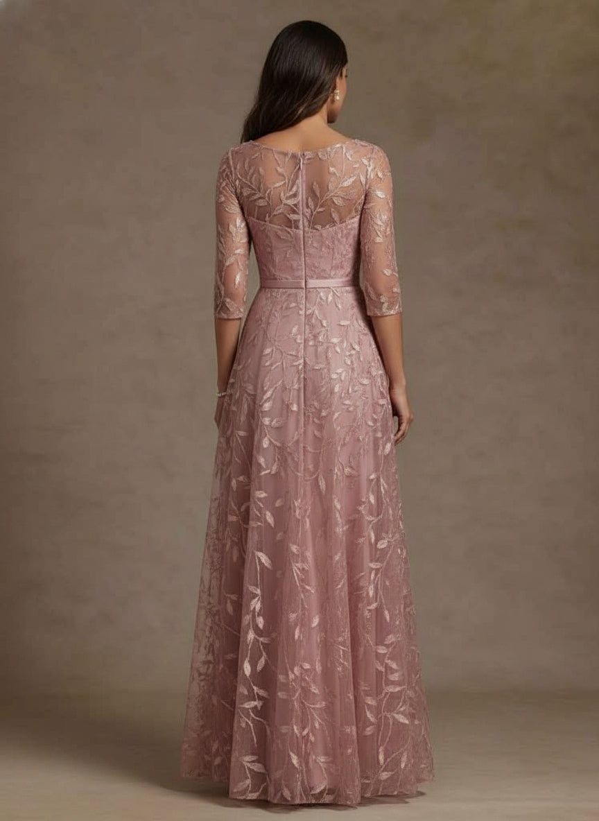 A-Line/Princess Scoop Lace Mother of the Bride Dresses Floor-Length Half Sleeves Pleated